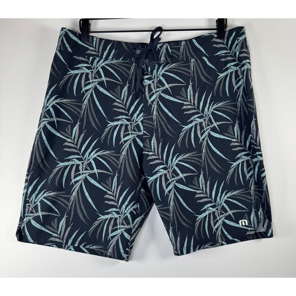 Travis Mathew Mens Board Shorts 36 Navy Palm Leaf Print Swim Trunks Beach Resort - Picture 1 of 13